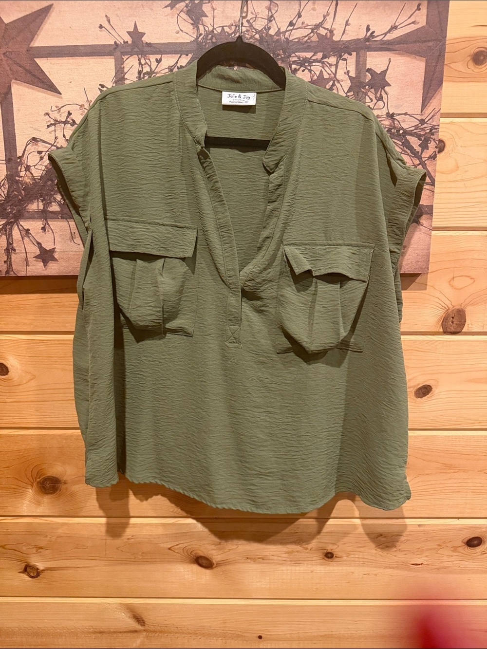 Olive Utility V-Neck Pocket Blouse